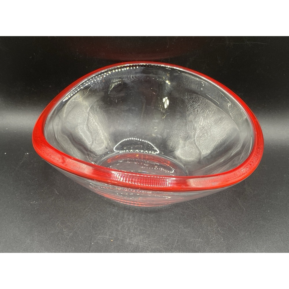 Walther Germany Art Glass Clear Bowl Red Rim Oval - Mid Century Modern Vintage
